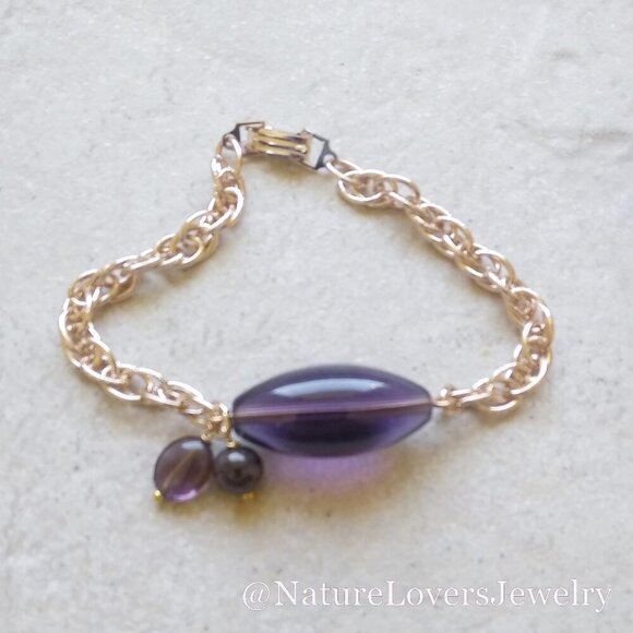 Hand Crafted Jewelry - Dark Gray Purple Focal + Gold Chain Bracelet Sleek Chunky & Effortlessly Elegant